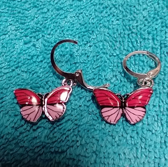 Silvertone red pink butterfly pierced wire dangle earrings - Picture 3 of 3